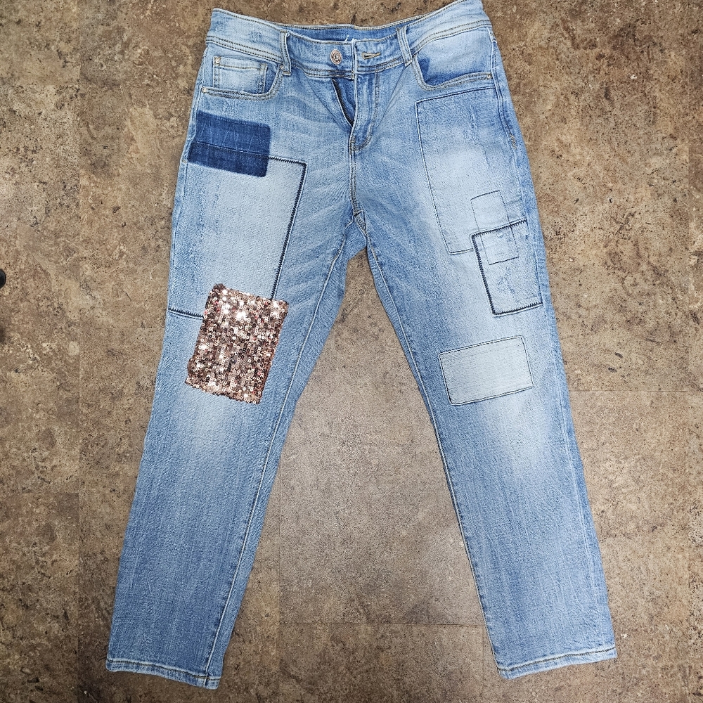 🛍 Inc International boyfriend sequin patchwork distressed jeans size 10